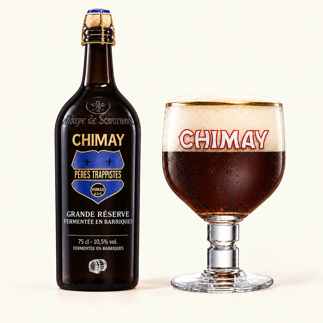Bouteille et verre Chimay Grande Réserve · Barriques