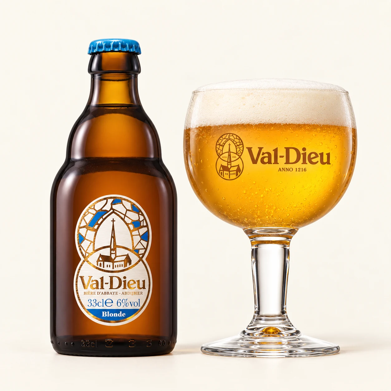 Bouteille et verre Val-Dieu Blonde