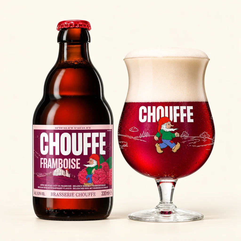 Bottle and glass Chouffe Framboise