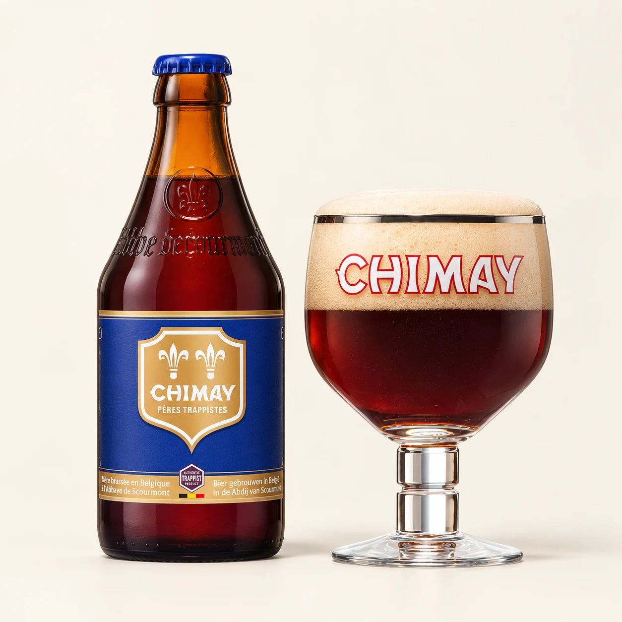 Bouteille et verre Chimay Bleue