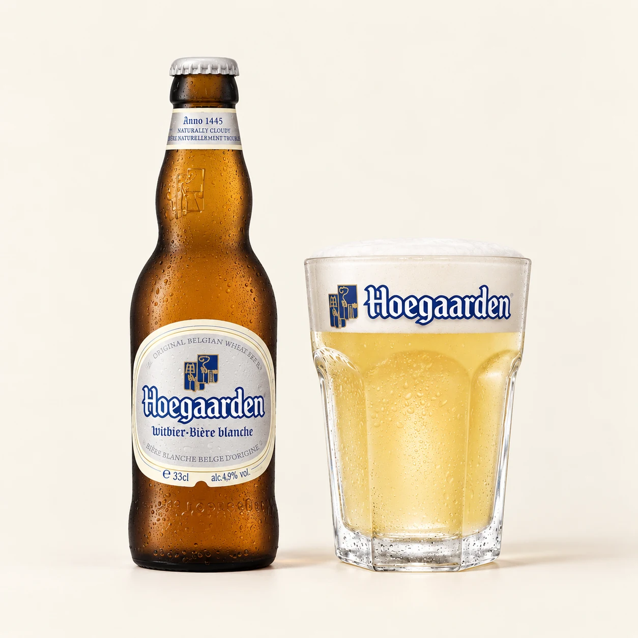 Bouteille et verre Hoegaarden Blanche