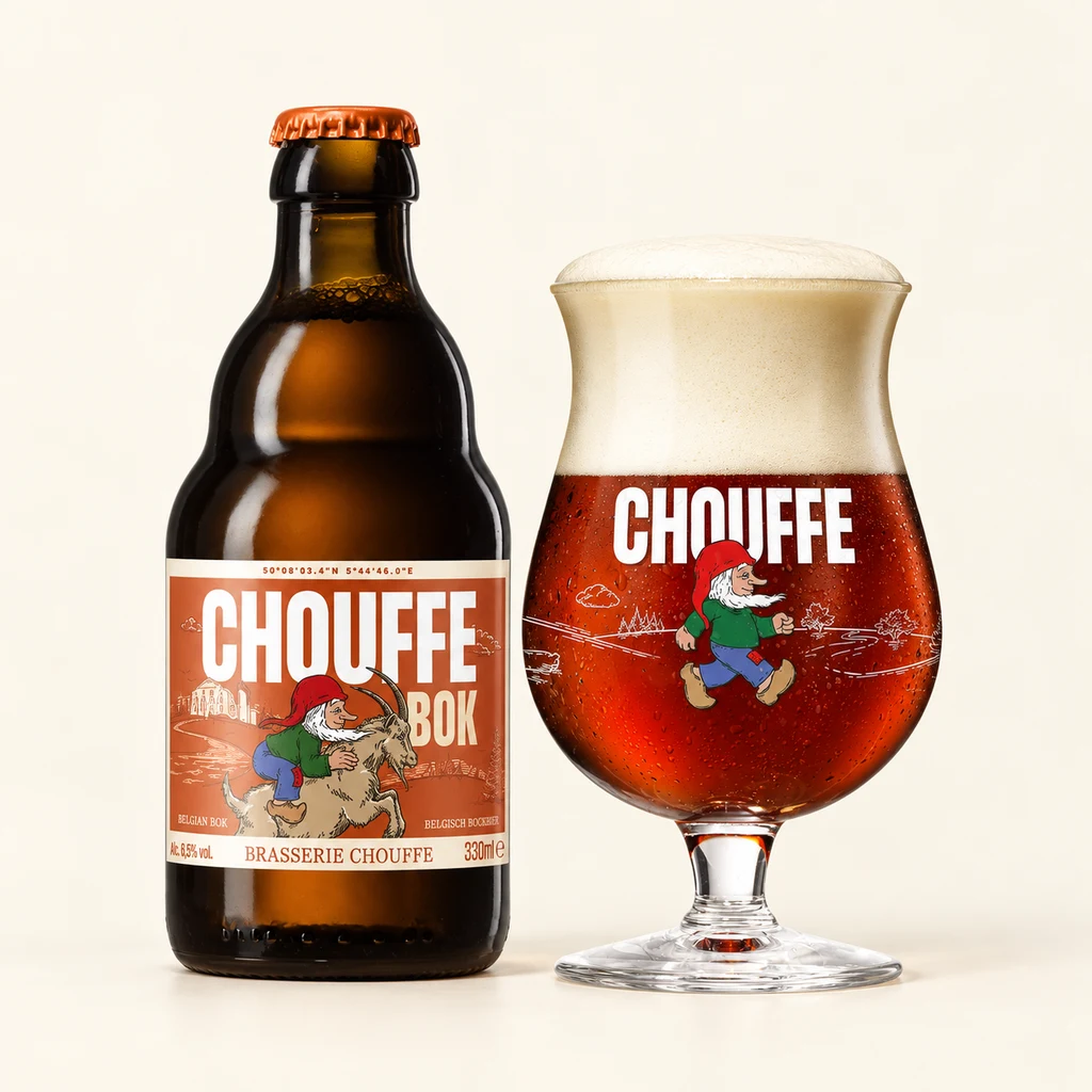 Bouteille et verre Chouffe Bok