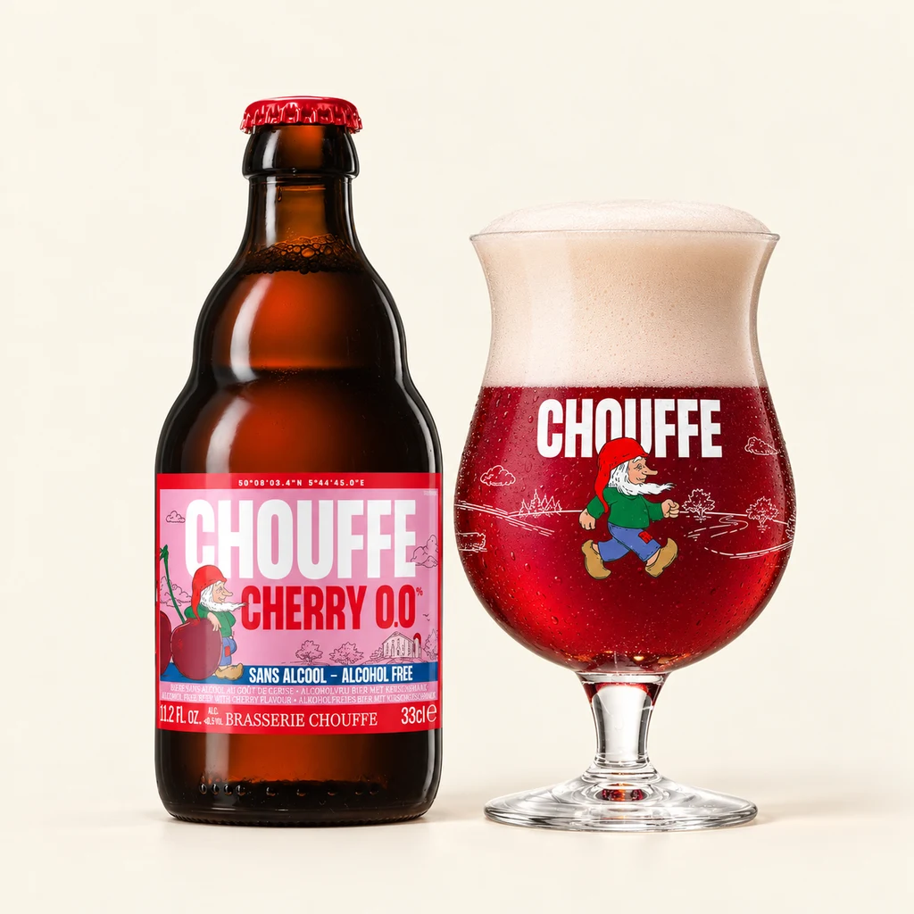 Bouteille et verre Chouffe Cherry 0,0 %