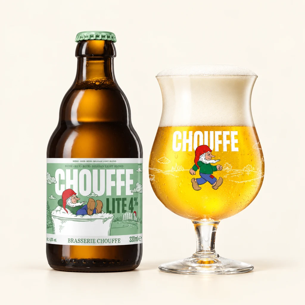 Bottle and glass Chouffe Lite