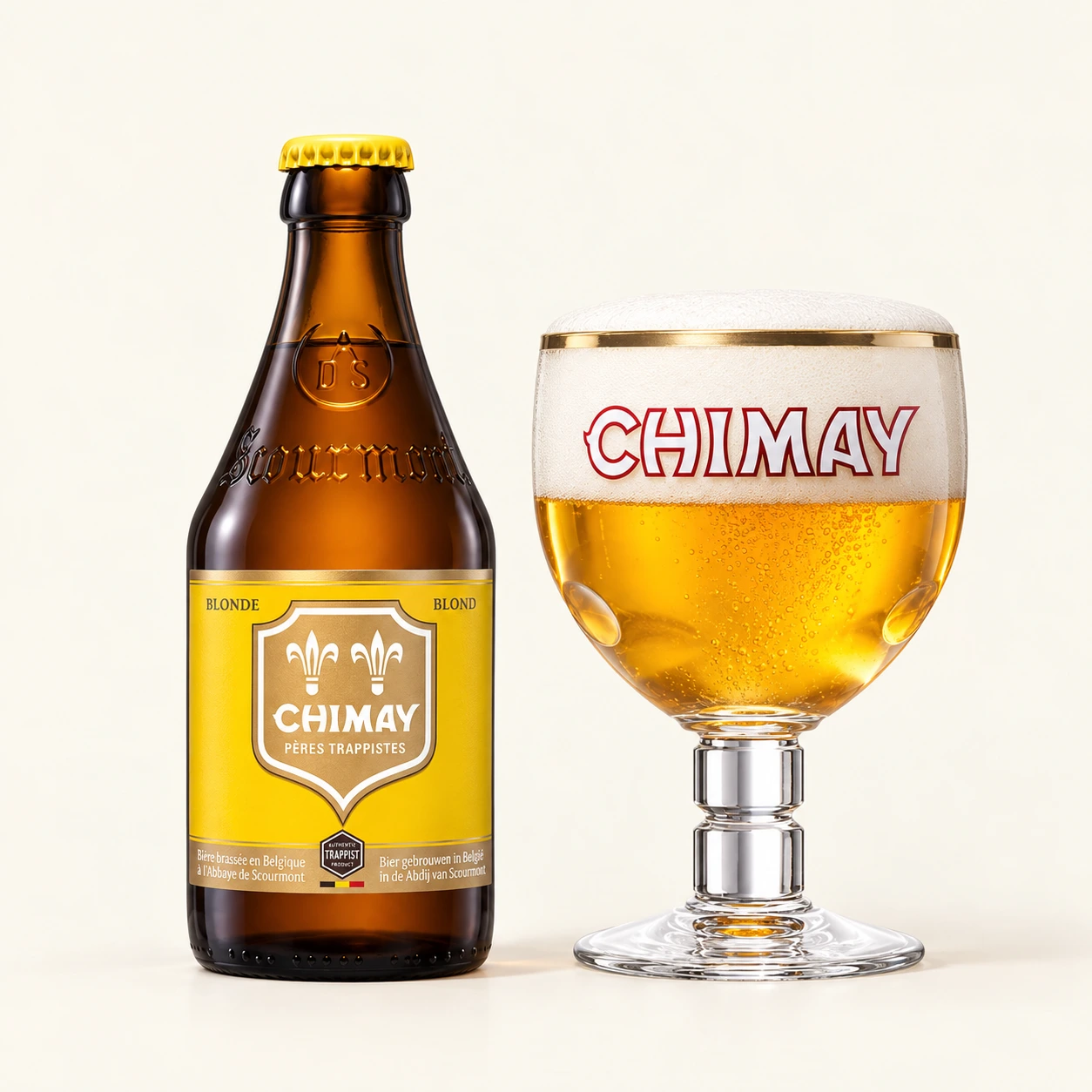Bouteille et verre Chimay Jaune