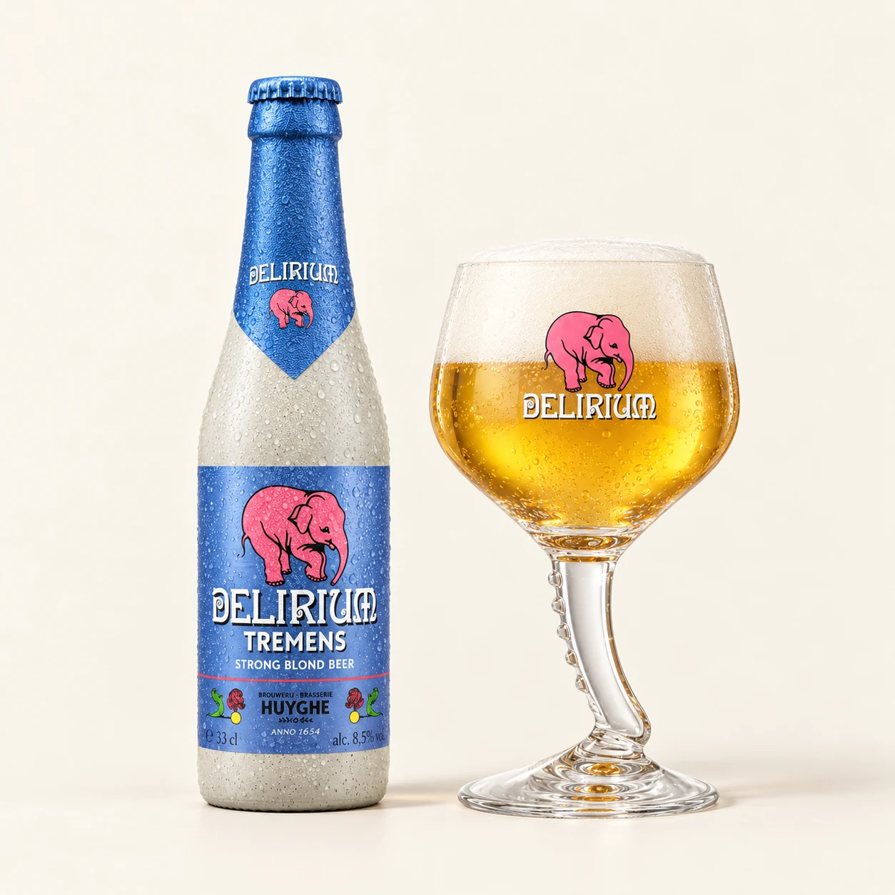 Bouteille et verre Delirium Tremens