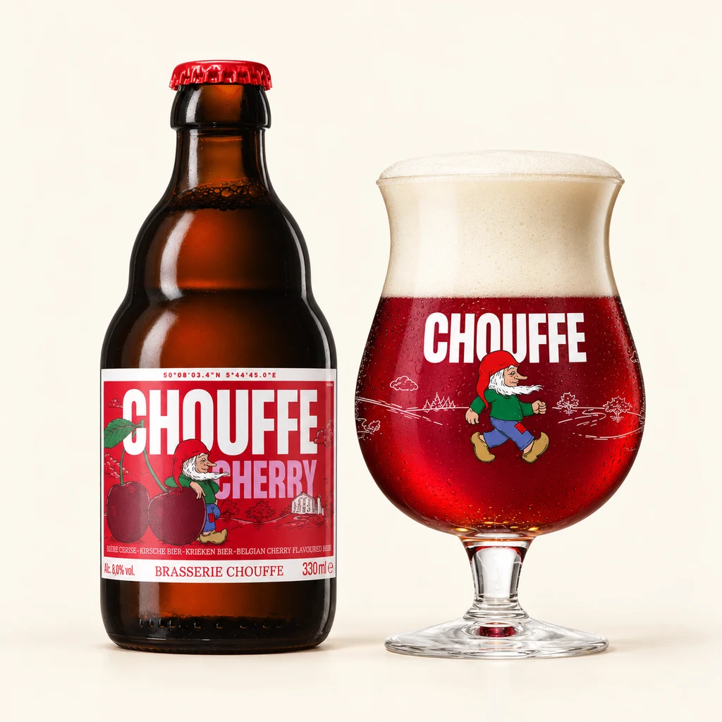 Bottle and glass Chouffe Cherry