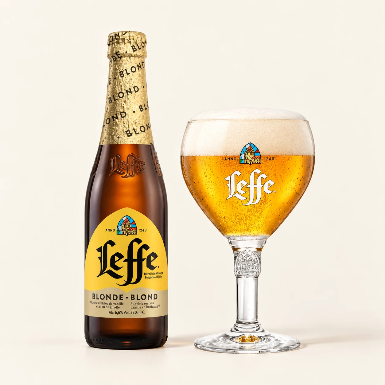 Bouteille et verre Leffe Blonde