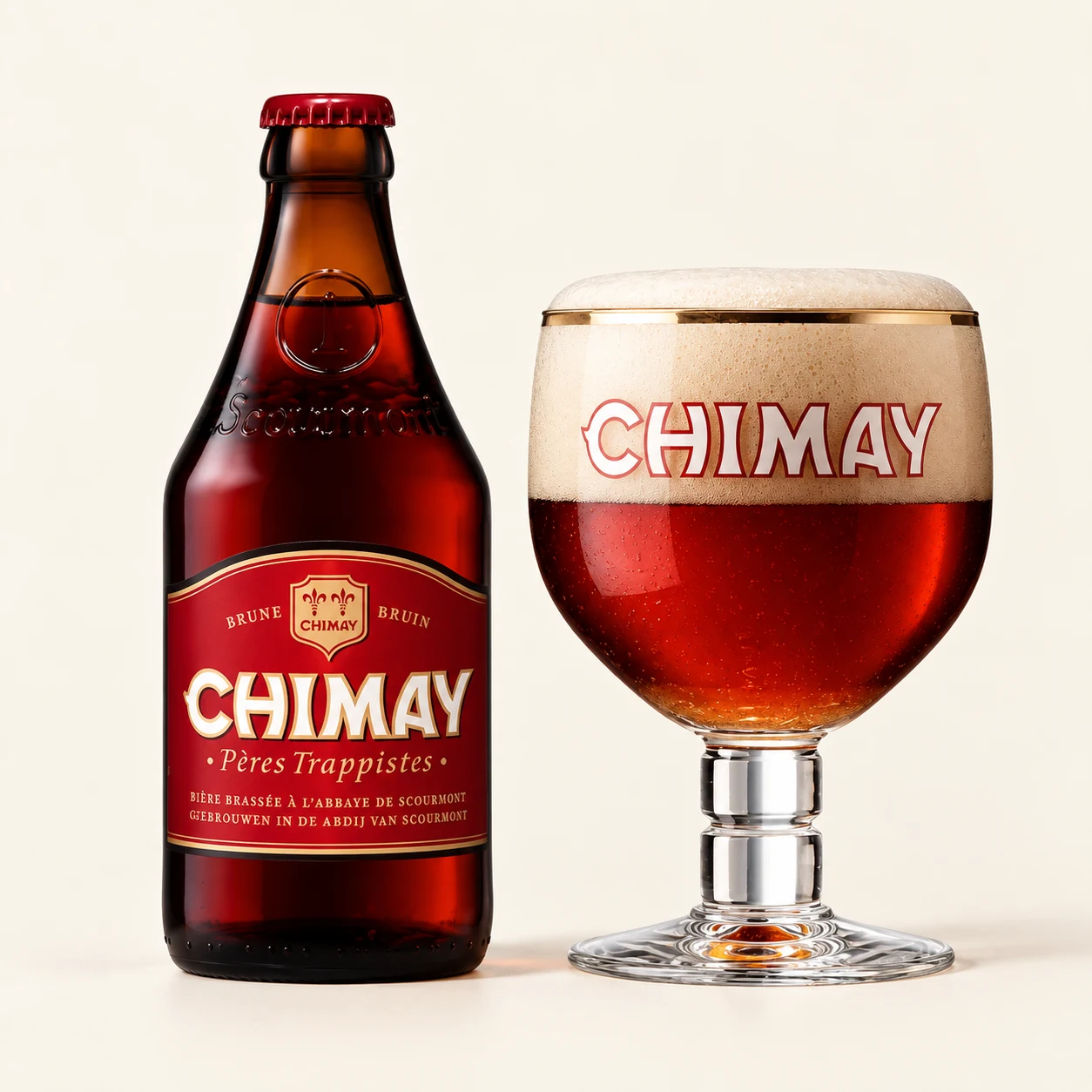 Bouteille et verre Chimay Rouge