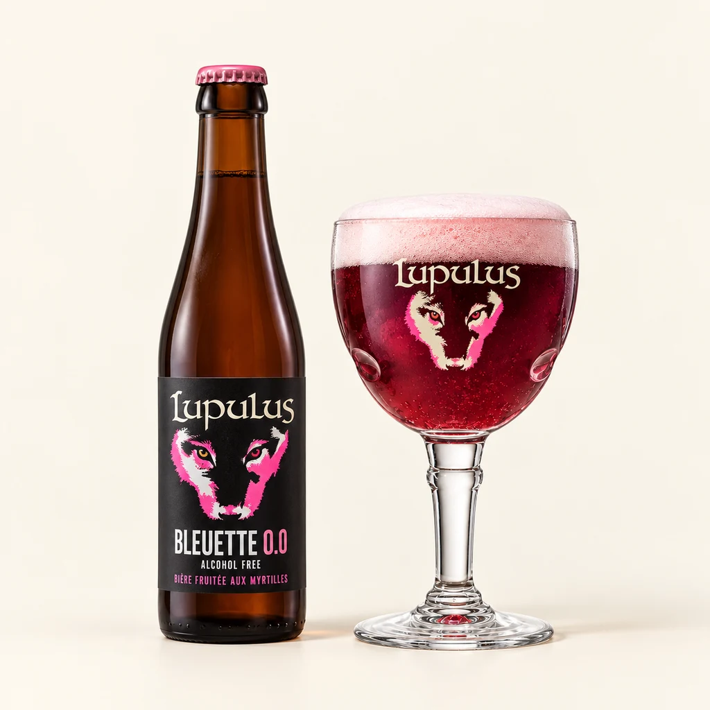 Bottle and glass Lupulus Bleuette 0,0 %