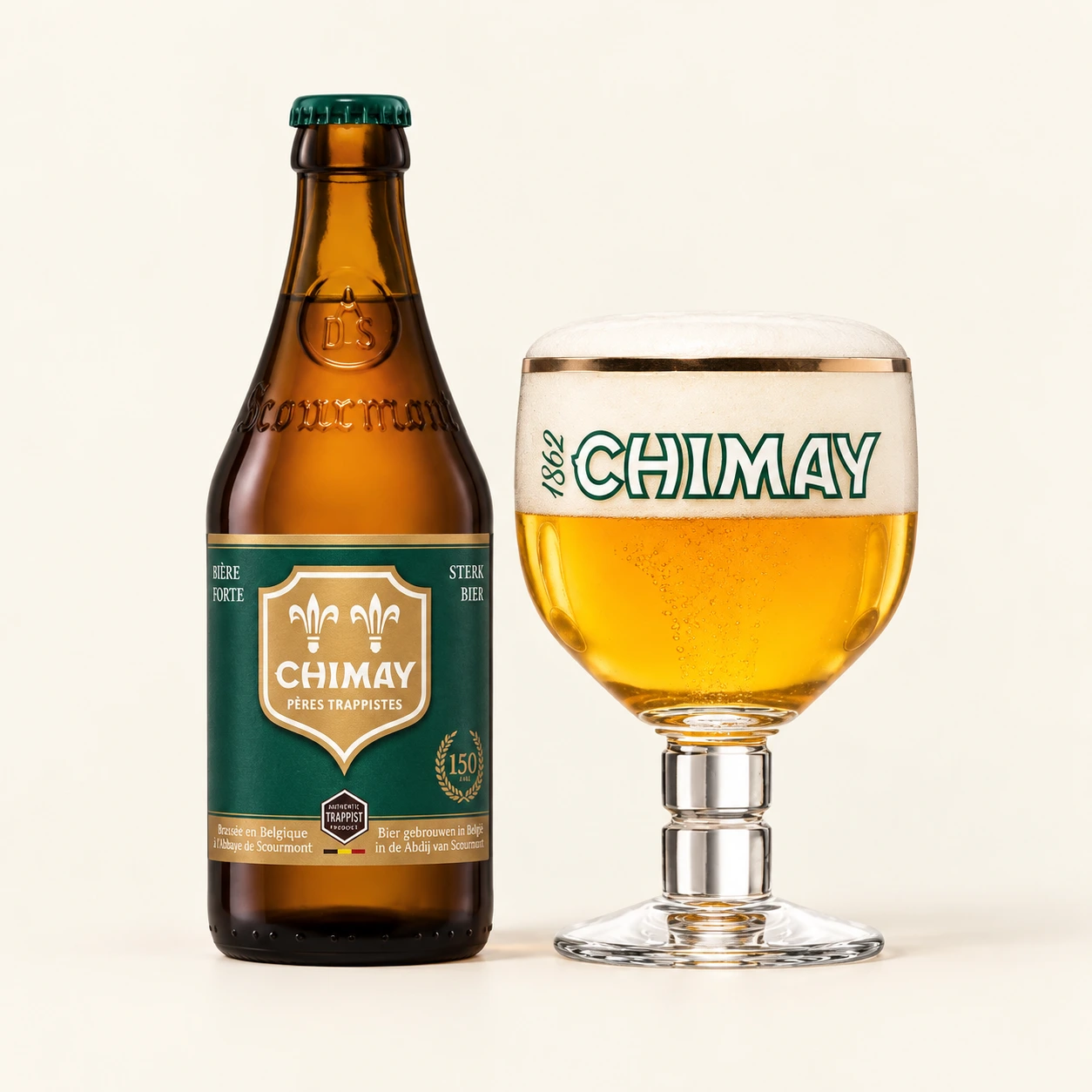 Bouteille et verre Chimay Verte