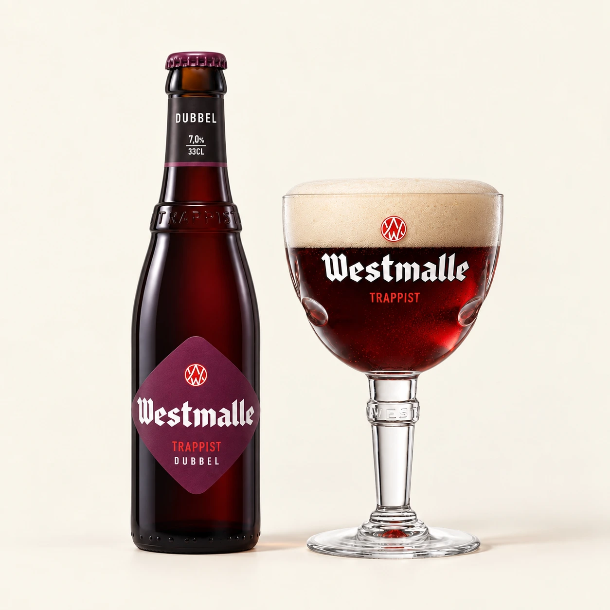 Bouteille et verre Westmalle Dubbel